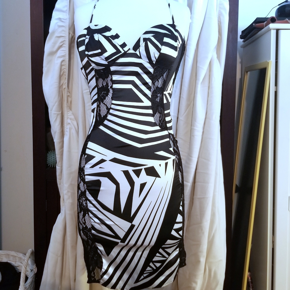 Bodycon, Black/white stripe, lace dress Sz Sm